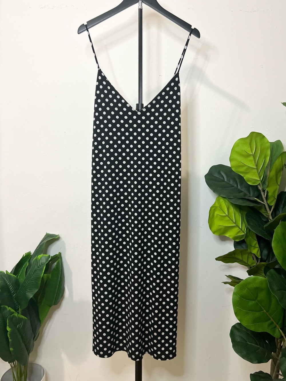Zara Black & White Polka Dot Slip Midi Dress Size M with stretch